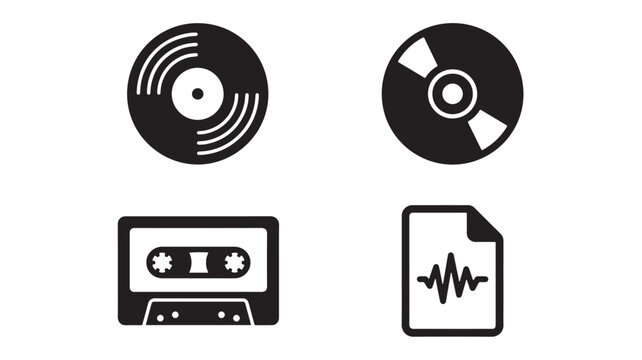 Retro music media icons set, vintage vinyl record and cassette tape symbols, digital compact disc and audio file vector illustrations for sound design