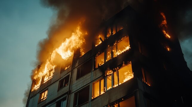 Building Ablaze: A multi-story building is engulfed in flames, with thick smoke billowing into the sky, depicting a scene of intense destruction and emergency.