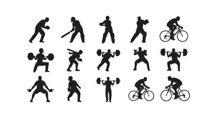 Fototapeta premium Sport men black silhouette. collection of sports figures including cricket, weightlifting, and cycling on white background.