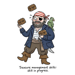 Confused pirate juggling multiple treasure chests, cartoon drawing with text. © Rimon