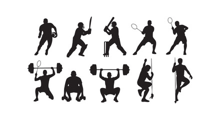Fototapeta premium Sporting human silhouettes showing athletes playing cricket badminton lifting weights and training with gym equipment.