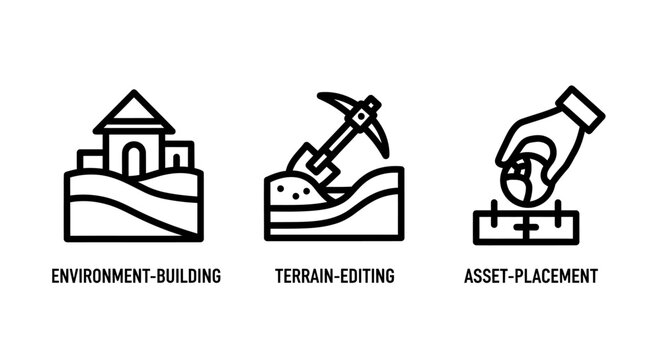 Creative development icons for environment building terrain editing asset placement in game design development environment building placement graphics software creation construction