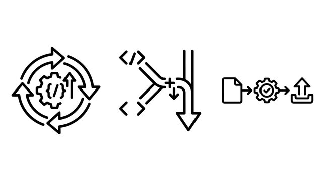 Software development pipeline and automated code deployment icons with software development pipeline deployment automation programming workflow technical engineering continuous integration
