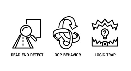 Fototapeta premium Set of line icons representing system monitoring concepts like dead end detect behavior logic trap with behavior monitoring development debugging algorithm software analysis troubleshooting