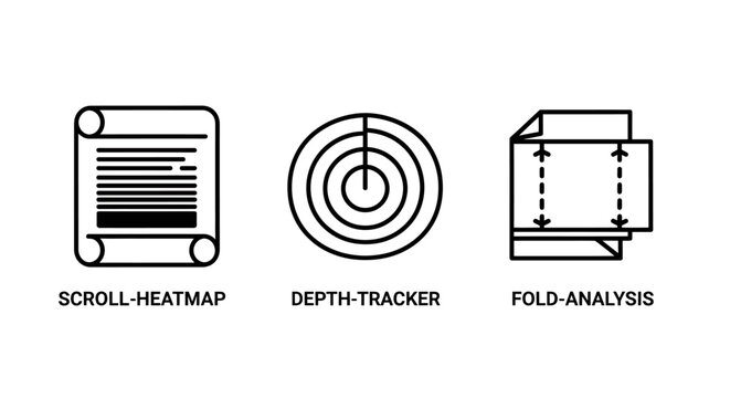 Website user experience icons representing scroll heatmap depth tracker fold analysis for digital design metrics analysis experience tracking behavior interaction optimization performance
