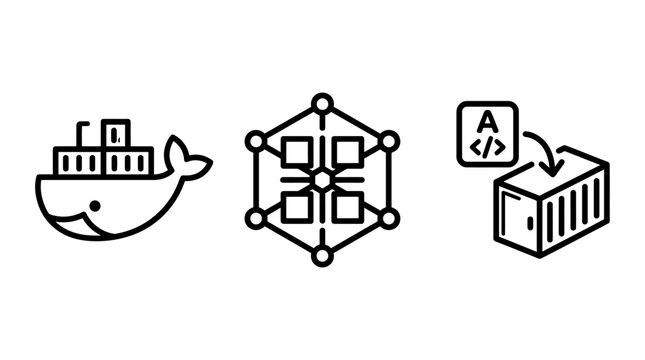 Software container orchestration and application deployment icons with container orchestration deployment software development technology infrastructure architecture engineering programming