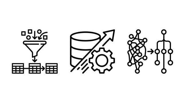 Data processing and analytics workflow icons set with processing database analytics workflow optimization information structure algorithm development management cleaning technology
