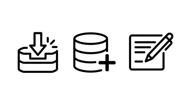 Data and file management icons set showing download storage database and note taking with download database document information computer technology interface management structure organized