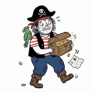 Clumsy pirate carrying treasure chest while coins fall out.