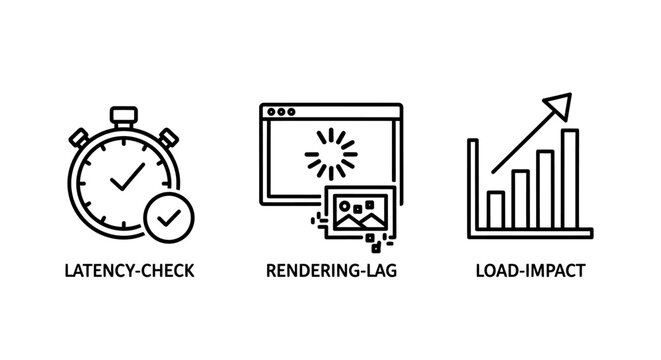Set of technical icons illustrating latency check rendering lag load impact analysis rendering performance monitoring analysis statistics optimization computing technology software
