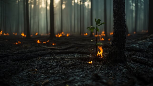 Forest Fire Aftermath: A lone sapling stands resilient amidst the ashes and flickering embers of a devastating forest fire, symbolizing hope and regeneration in the face of destruction.