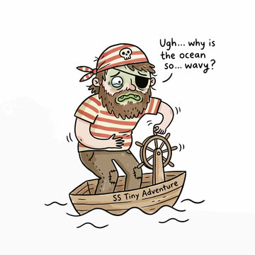 Seasick pirate captain steering small boat on wavy ocean.