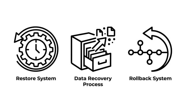 Graphical icon set showing restore system data recovery process rollback system with recovery rollback database management computing technology software development revision maintenance