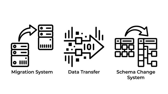 Set of three information technology icons for data migration transfer schema management with migration transfer database infrastructure technology information computing management architecture