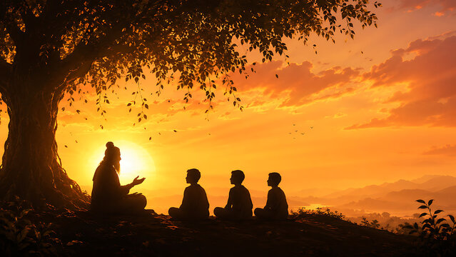 Guru purnima wise guru teaching young students beneath sacred tree at sunset for hindu relegious festival devotion learning wisdom peaceful gathering landscape
