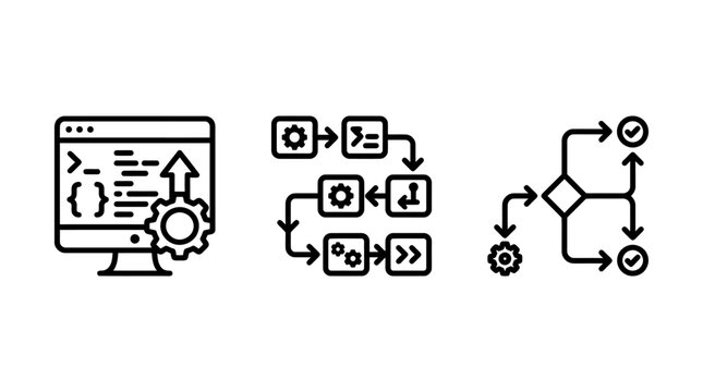 Software development automation and workflow logic icons with software development automation workflow programming computer optimization algorithm flowchart technical engineering management