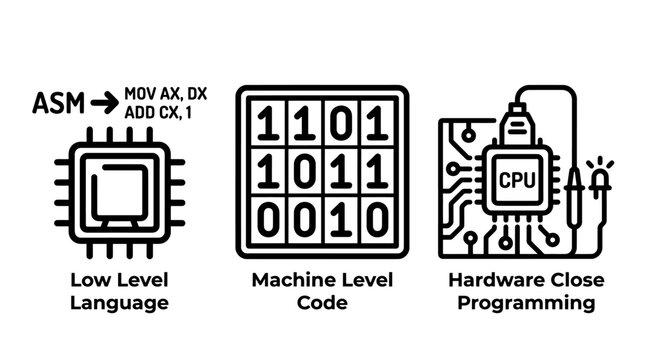 Low level language machine code and hardware close programming icons set with language assembly hardware processor programming software development computing technology architecture embedded