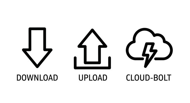 Download upload and cloud bolt transfer data icons set with web hosting download transfer internet connection computing technology synchronization lightning minimalist interface information