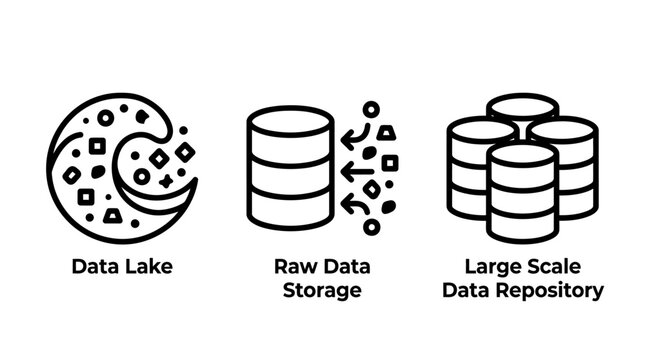 Set of data management and storage icons representing data lake raw storage and repository with repository information database technology analytics collection management infrastructure