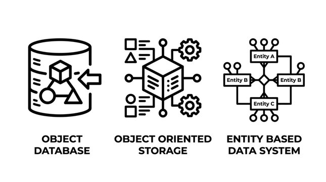 Object oriented database and entity based system technology icons for software development with database oriented programming software development architecture structure information computing