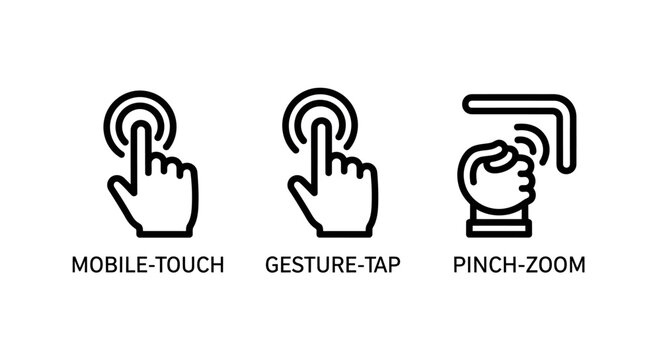 User interface gestures icons set showing mobile touch screen tapping and pinch zoom functionality with interface interaction smartphone navigation technology application software communication