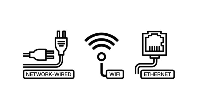 Networking connectivity icons showing wired power ethernet plug and wi fi wireless connection symbols with connectivity ethernet internet wireless connection communication technology computer