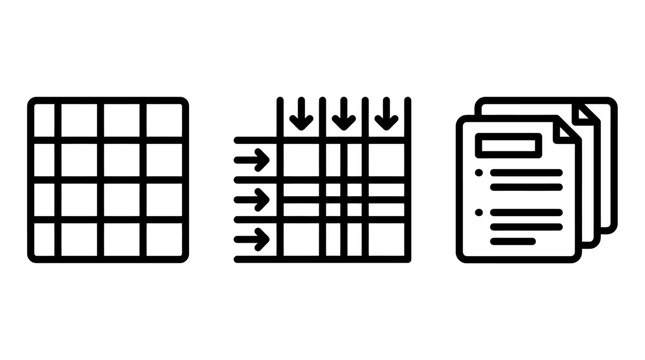 Spreadsheet grid data and document list icons with spreadsheet document management information analysis organization accounting calculation business processing database structure planning