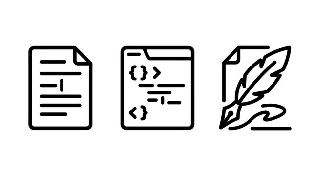 Document content and code script writing icon set with file format document programming development authoring software information management documentation developer language creation