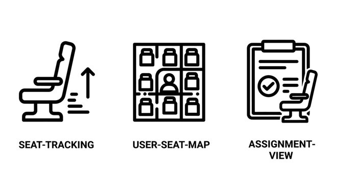 Seat management and passenger assignment logistics icons with tracking assignment logistics transport passenger management reservation dashboard position clipboard planning aviation
