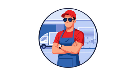 Fototapeta premium Professional Delivery Driver Logistics Service Vector Illustration Design Featuring A Warehouse Background And Confident Character Courier Concept