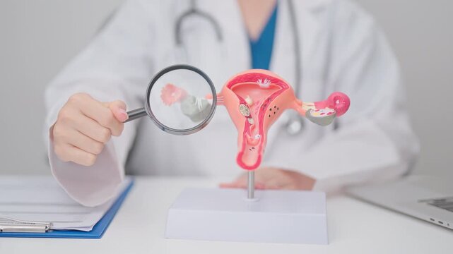 Doctor with Uterus and Ovaries anatomy model. Ovarian and Cervical cancer, Cervix disorder, Endometriosis, Hysterectomy, Uterine fibroids, Reproductive system, Pregnancy and health concept