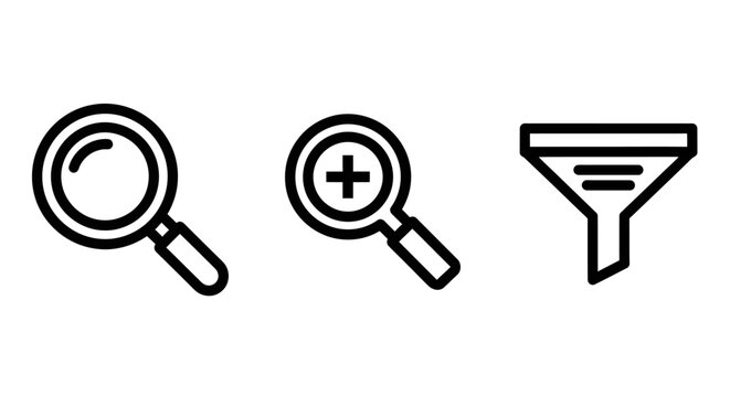Search magnifying glass and data filtering icons set with magnifying discovery research exploration analysis interface magnification magnifier navigation selection criterion categorization