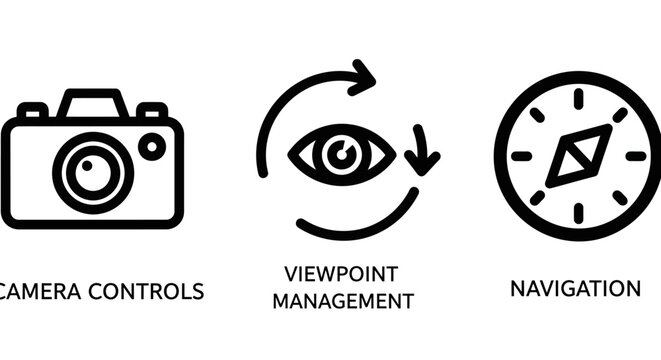 User interface icons for camera controls viewpoint management and navigation tools with controls viewpoint management navigation photography interface orientation settings perspective