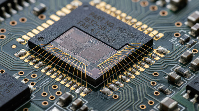 Close up of a complex computer microchip with intricate wiring.