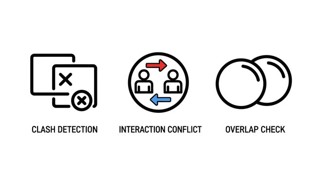 Set of vector outline icons representing clash detection interaction conflict overlap check for technical software analysis detection interaction conflict analysis software engineering