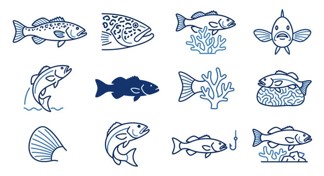 Underwater fish and coral reef line icons.