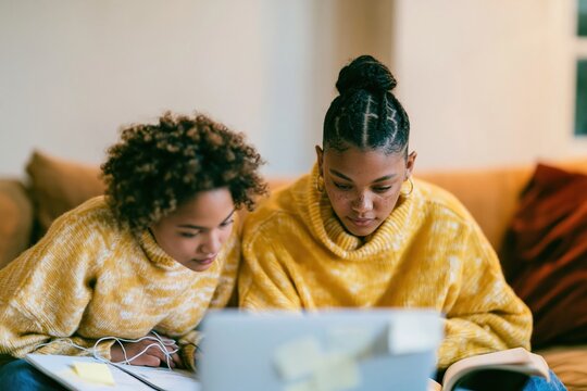 Two young women studying together on a cozy sofa, leaning over a laptop while taking notes for a university test or academic group project