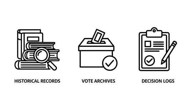 Historical records and official documentation management icons with historical archives documentation decision research paperwork management administration clipboard checkbox business