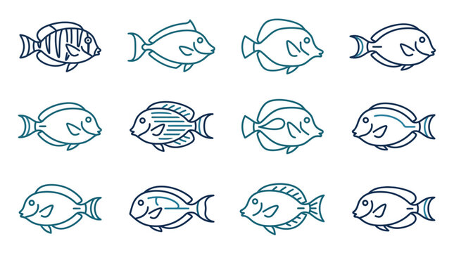 Variety of tropical reef fish line icon icons