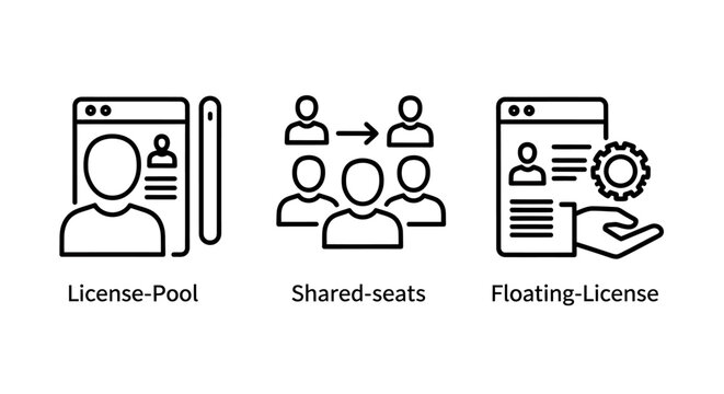 Software licensing management icons set including license pool shared seats and floating license concepts with software management floating subscription business application corporate interface