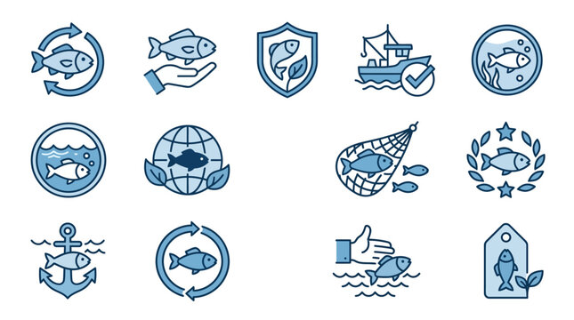 Seafood certification and eco-friendly labels line icons.