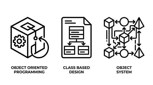 Object oriented programming and software architecture icons with programming oriented software development architecture structure components methodology computer engineering technical