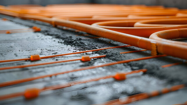 Installation of underfloor heating system with orange pipes on concrete surface