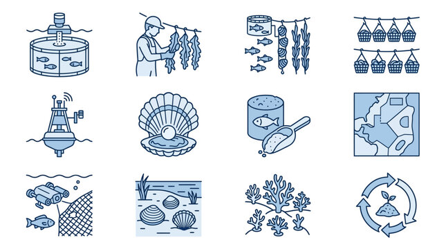 Shellfish farming and mollusk cultivation icon set