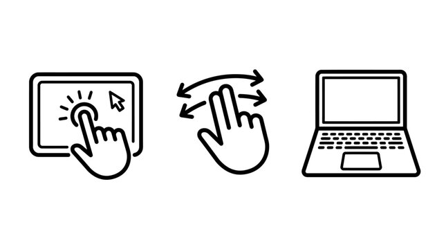 Touchscreen gesture and laptop icons line set with technology interface computer interaction navigation graphics application software computing communication multitouch pointing hardware