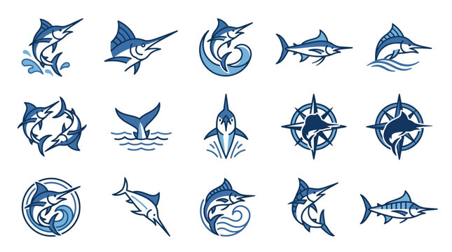 Stylized swordfish and marlin marine logo icons.
