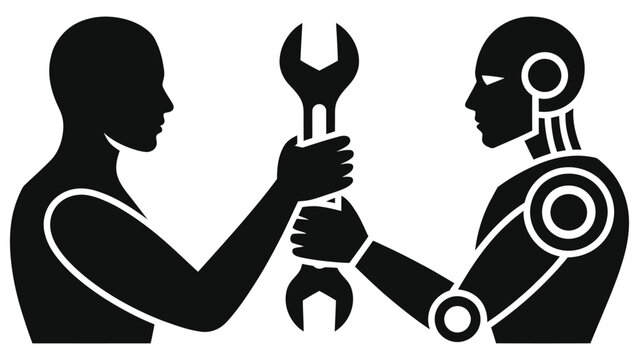 Human and Robot Cooperation Vector Concept. Man Passing Wrench Tool to Cyborg Hand Silhouette, Minimalist Artificial Intelligence, Future Automation, and Teamwork Industry