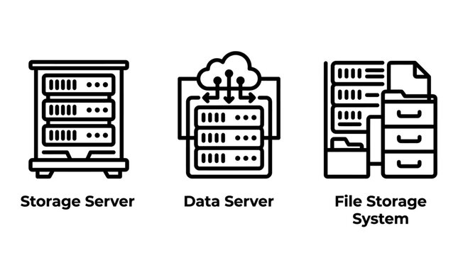 Data and file storage system server infrastructure line icons with server room infrastructure hardware technology computing database management information business equipment connection