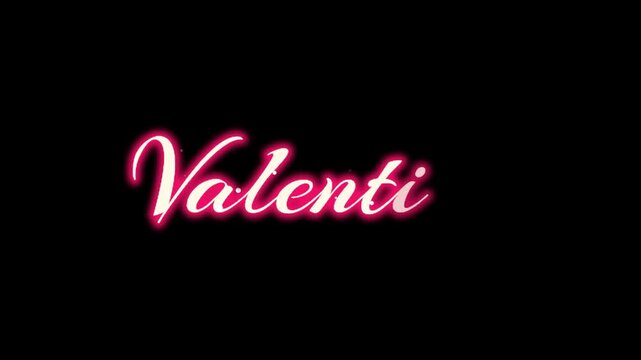 Valenti text is rendered in a bright pink neon cursive font that stands out against a solid black background to provide a clean and stylish typographic element for romantic or celebratory projects.