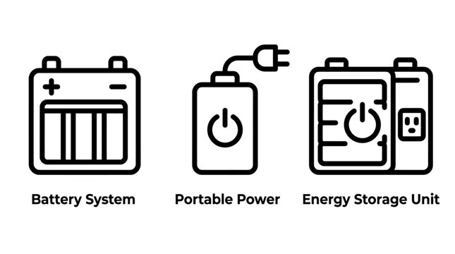 Battery system portable power and energy storage unit line icon set portable electricity electric technology rechargeable capacity electrician maintenance industry industrial equipment